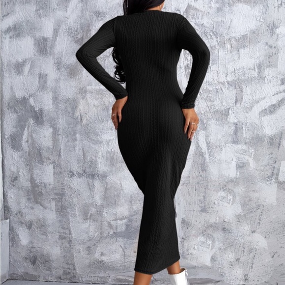 Sexy Solid Textured Pencil Fitted Bodycon Dress Black - Picture 3 of 6